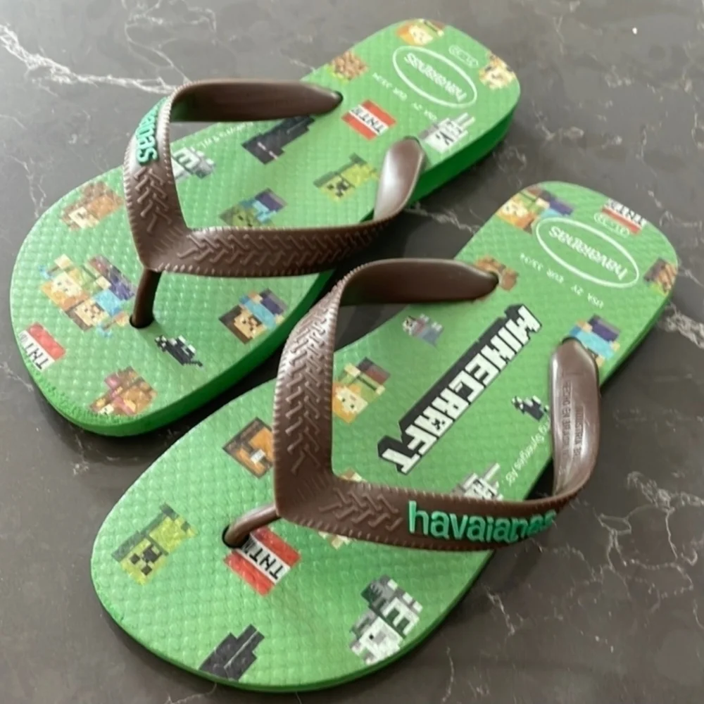 Havaianas Green Minecraft Sandals Flip Flops Size 3-4Y Summer Gamer Rare Shoe